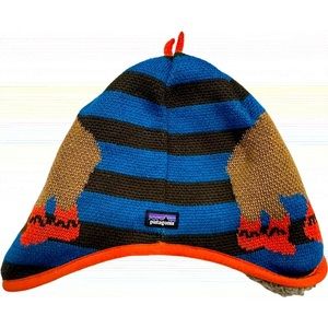 Patagonia, cozy, dark blue and orange reversible beanie, size 18 to 24 months.